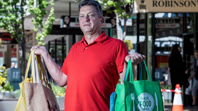 Tom Wiebell says it ‘gets under his skin’ seeing shoppers use plastic bags. Picture: Jake Nowakowski