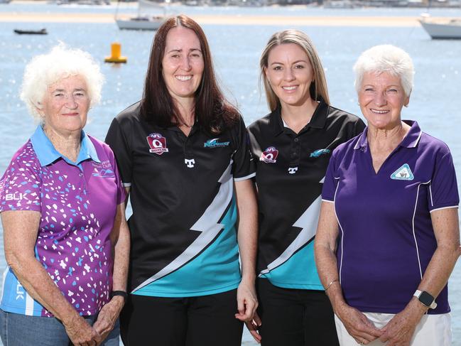 Left to right, Michelle Grunske (Tallebudgera Netball) Hayley Doherty and Kristal Churchill (Pacific Pines AFL), Rosemaree Bradford (Hinterland District Netball). Picture Glenn Hampson