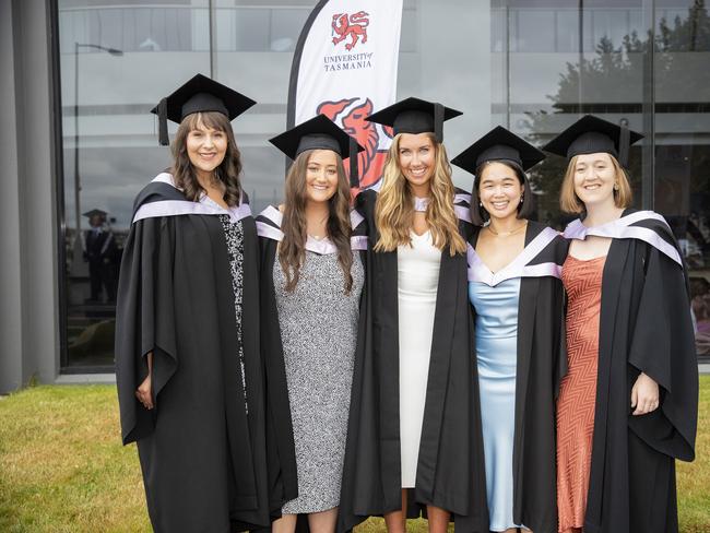 Jenna Phillips, Catherine Cartwright, Sarah Grace, Serina Seah and Georgia Winter. UTAS graduations. School of College of Health and Medicine Graduate Research. Picture: RICHARD JUPE