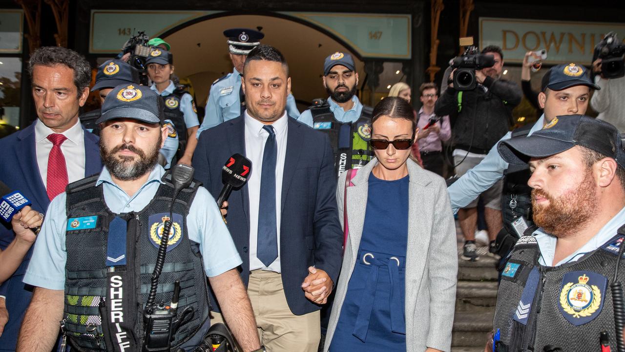 Jarryd Hayne was led out of court by a group of seven sheriffs officers. Picture: NCA Newswire / Christian Gilles