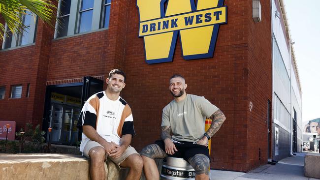 Nathan Cleary and his business partner, UFC fighter turned boxer Tyson Pedro, at Drink West Brewery in Penrith. Picture: Richard Dobson