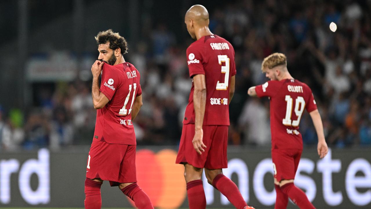 NAPLES, ITALY - SEPTEMBER 07: Mohamed Salah of Liverpool reacts after Andre-Frank Zambo Anguissa (not pictured) of SSC Napoli scores their team's second goal during the UEFA Champions League group A match between SSC Napoli and Liverpool FC at Stadio Diego Armando Maradona on September 07, 2022 in Naples, Italy. (Photo by Francesco Pecoraro/Getty Images)