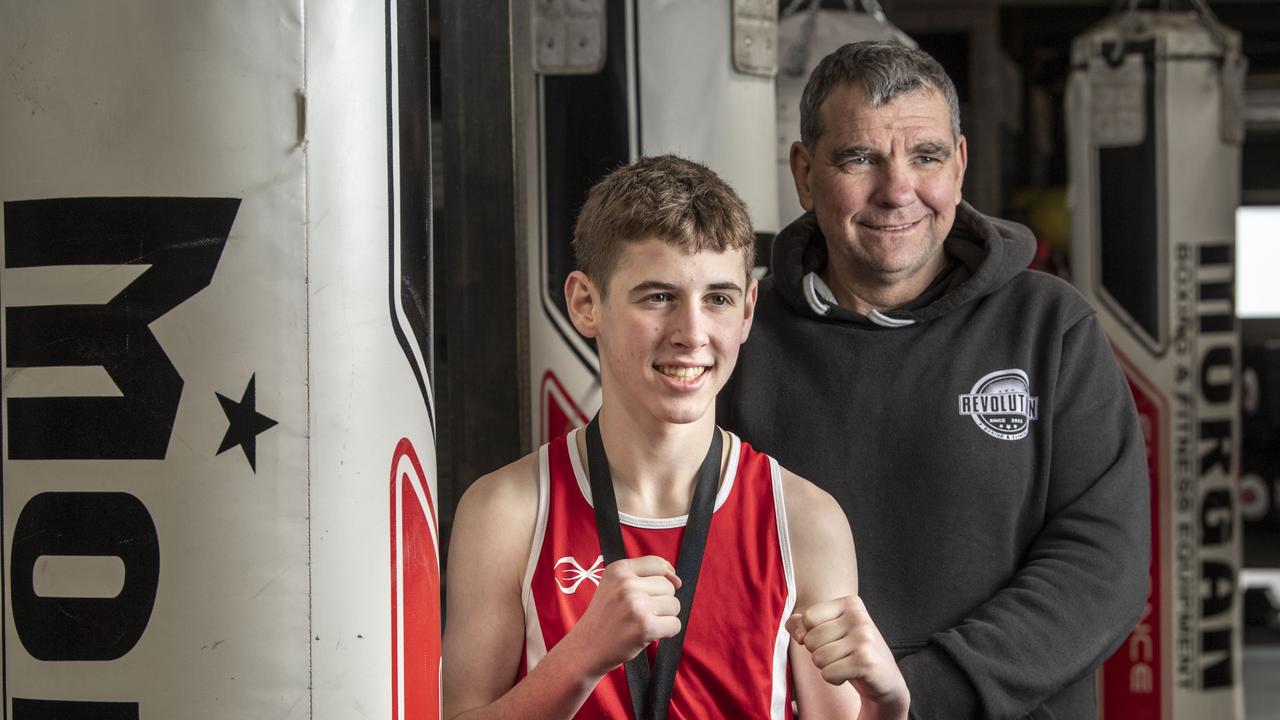 Australian junior boxing champ Darcy Long and his coach Brandon Wood. Tuesday, July 12, 2022. Picture: Nev Madsen.