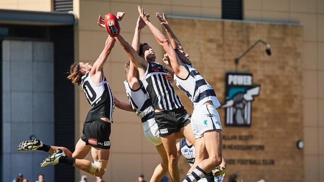 Port and South players in action during their match at Alberton Oval on Saturday. Picture: Matt Loxton