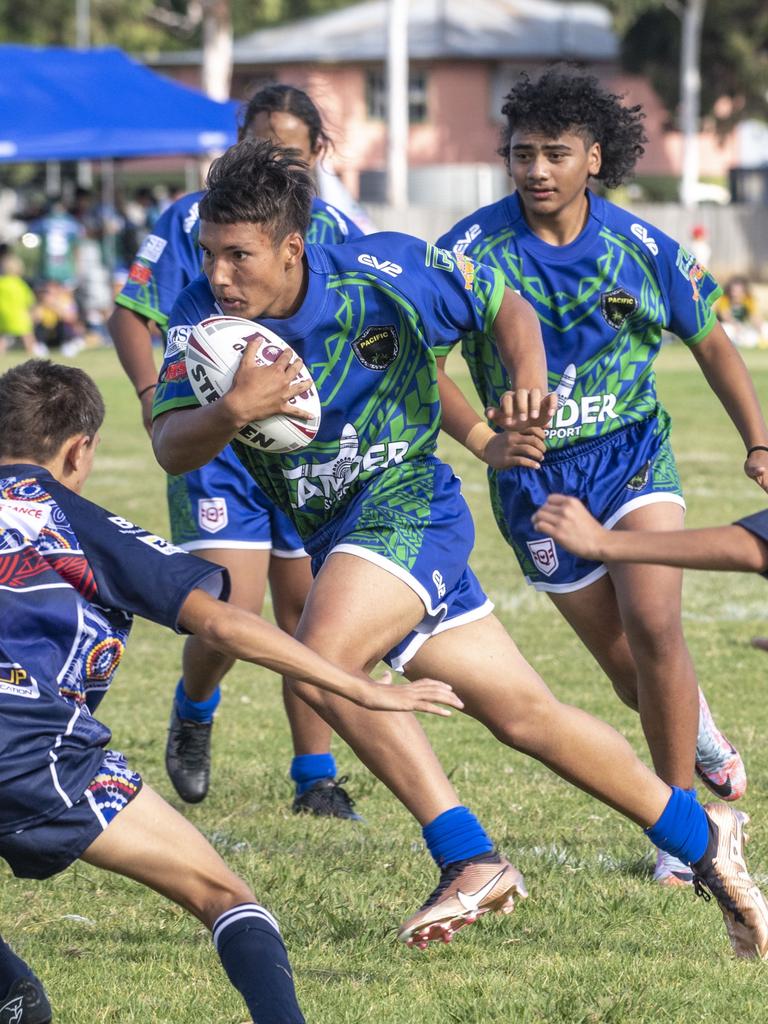 Taj Singh for Pacific Nations. Under 15's boys SW Qld Emus vs Pacific Nations Toowoomba. Saturday, February 25, 2023. Picture: Nev Madsen.