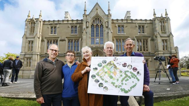 Roland Browne, his son, Tim Calwell-Browne, Denise Brown, Kerry Burns, President of The Glebe residents association, former Green's leader, Bob Brown are holding up a draft plan to restrict future building development on the site of the old University, Glebe. Picture: MATT THOMPSON