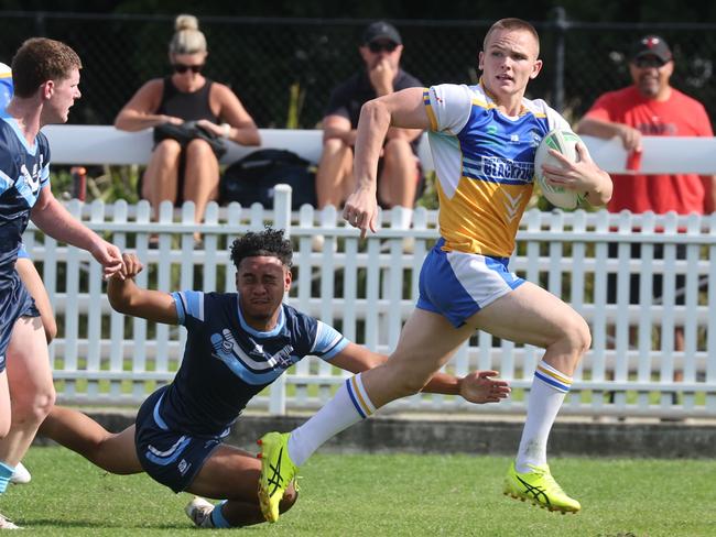 DAILY TELEGRAPH. MAY 7, 2025. Pictured is Charlie Xuereb during the Peter Mulholland Cup at Ringrose Park, Wentworthville today. Patrician Brothers Blacktown (blue and yellow) v Matraville SHS. Picture: Tim Hunter.