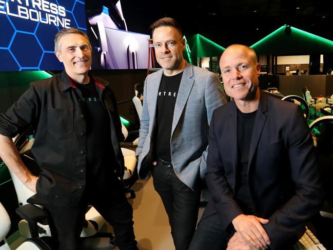 12/03/2020  Fortress Australia founders John  Satterley, Adrian Giles and Ryan Trainor at their new esports Fortress precinct, which is opening in Melbourne's Emporium shopping centre. It is a 3000sq m dedicated esports facility with an arena, food and drink and other facilities. Picture: David Geraghty / The Australian.