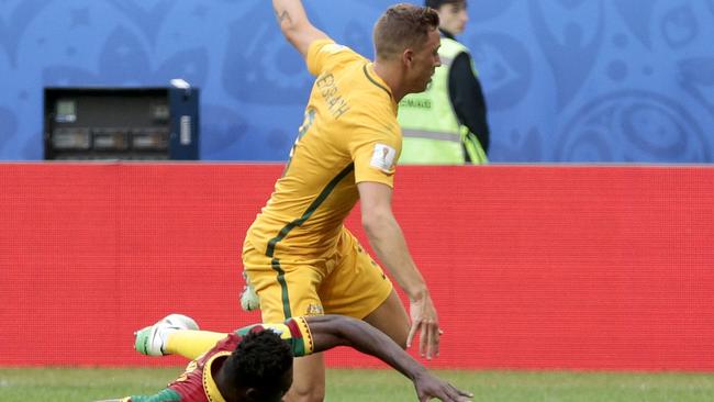 Socceroos fullback Alex Gersbach in action against Cameroon on Friday morning.