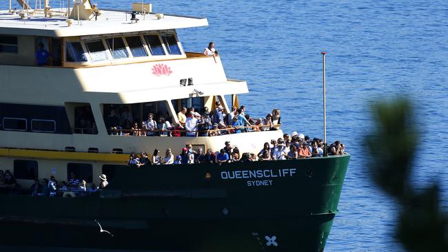 The Queenscliff arrives in Manly Cove with hundreds of tourists on board. Picture; Bradley Hunter