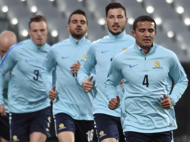 Tim Cahill leading the charge at training ahead of the World Cup qualifier against Saudi Arabia in Adelaide.