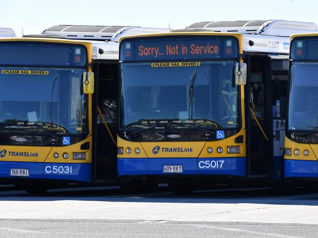 Brisbane City Council operated buses at the Carina Bus Depot in Brisbane, Tuesday, July 25, 2017. The Rail, Tram and Bus Union has called on its members to take strike action in Brisbane on Friday, July 28. (AAP Image/Darren England) NO ARCHIVING