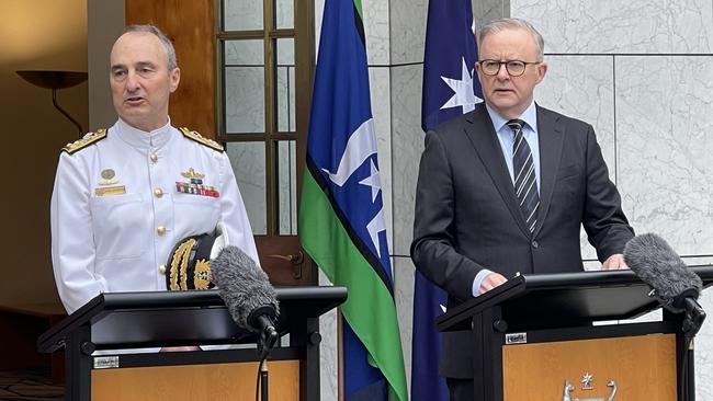 Vice Admiral Johnston and Anthony Albanese on Tuesday. Picture: NCA NewsWire/ Ellen Ransley