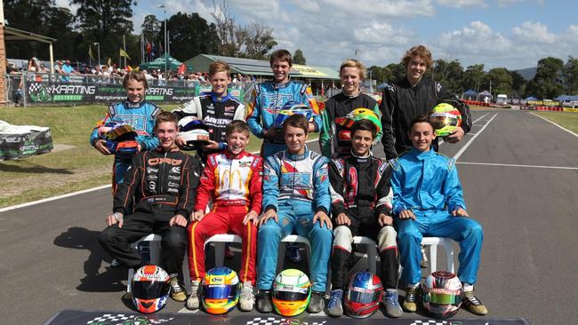 Oscar Piastri (back left), Bryce Fullwood (middle back row) and Will Brown (second from the left in the front row) in a karting grid group photo from 2014. Pic: Karting Australia