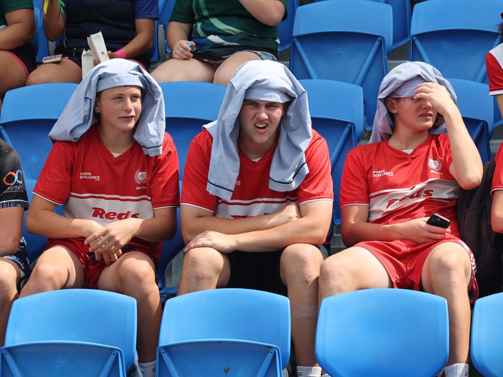 NRL National Schoolboys Cup final at CBUS Stadium between Palm Beach Currumbin and Patrician Blacktown Brothers. Palm Beach Currumbin's red army feels the tension.Picture Glenn Hampson