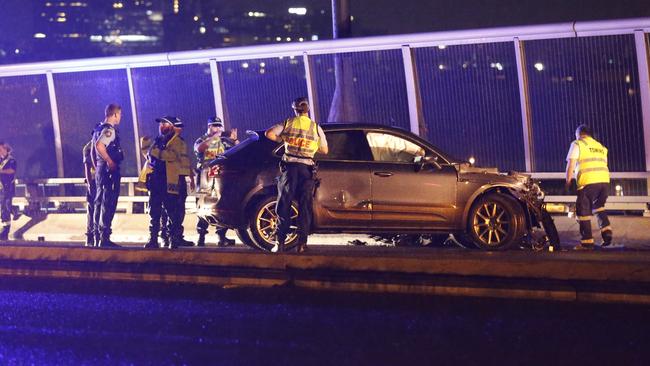 The crash site on the Anzac Bridge. Picture: Steve Tyson