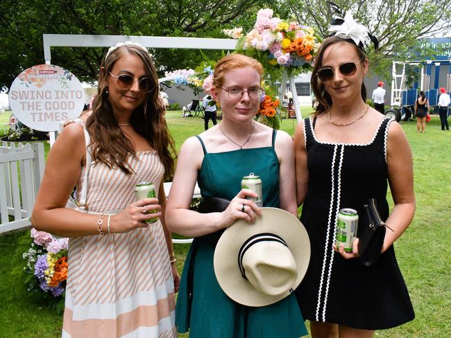 Belinda Sandham, Erin Hayward and Amy Parkitny enjoying all the action at the Ladbrokes Cranbourne Cup on Saturday, November 23, 2024. Picture: Jack Colantuono