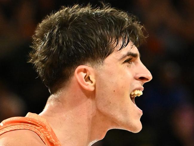 CAIRNS, AUSTRALIA - OCTOBER 04: Taran Armstrong of the Taipans reacts during the round three NBL match between Cairns Taipans and Tasmania Jackjumpers at Cairns Convention Centre, on October 04, 2024, in Cairns, Australia. (Photo by Emily Barker/Getty Images)