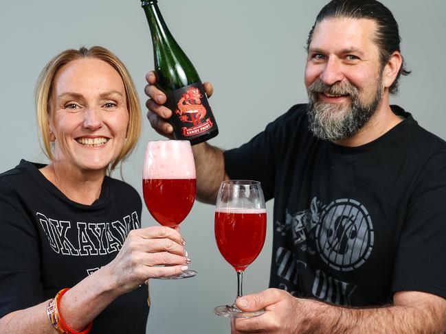 Fiona and Ed Nolle  of Dollar Bill Brewing with their award winning beer Candy Paint Barrel Aged Cherry Sour Ale, which was one of the winning beers at the Australian International Beer Awards . Picture: Ian Currie