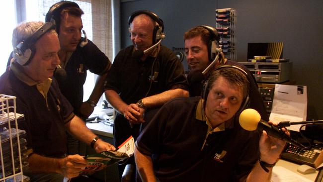 The Radio 2UE Talking League team: Peter Frilingos (l to r), Steve Roach, Bob Fulton, Greg Alexander and Hadley in 2000. Picture: Brett Costello