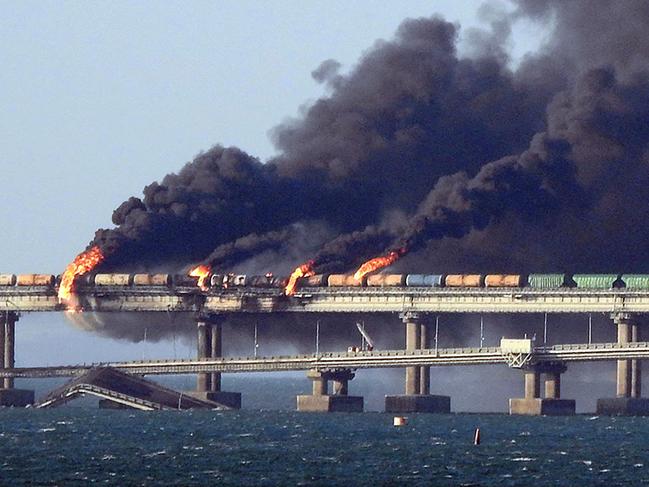 A file photo from October 08, 2022 shows the aftermath of the first attack on the Kerch Bridge. Picture: AFP