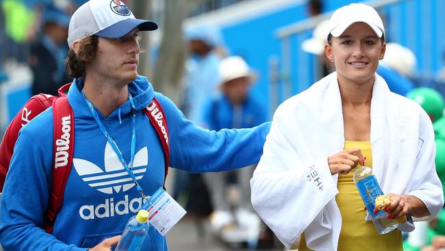 Vickery with tennis star wife Arina Rodionova, who he is travelling the world with. Picture: Getty Images