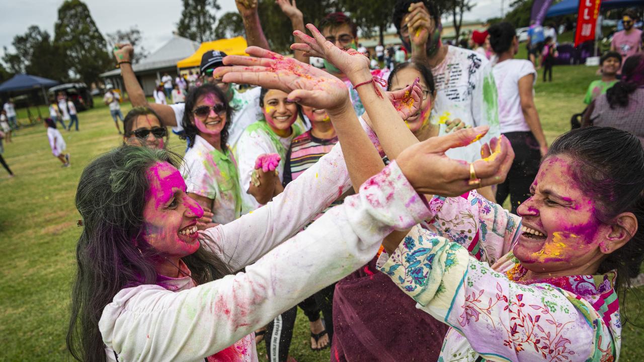 Alka Mahida (left) and Varsha Patel as the Toowoomba Indian and Nepalese communities celebrate Holi, the festival of colours, Saturday, March 23, 2024. Picture: Kevin Farmer