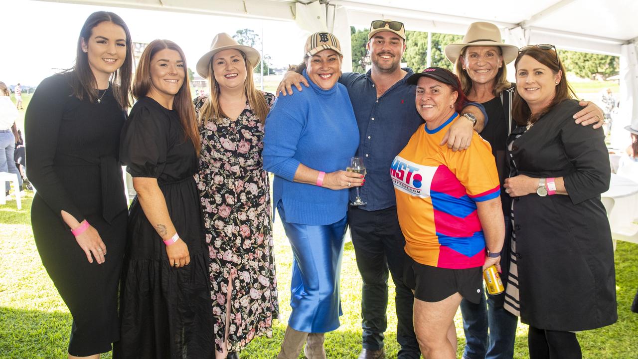 (left to right) Lauryn Anderson, Jaimee Crisp, Kelly Phelan, Janelle Prior, Mal Sweeney, Michel Holmes, Donna Prestridge and Jenny Anderson. Rangers Ladies Day at Gold Park. Saturday, May 28, 2022. Picture: Nev Madsen.