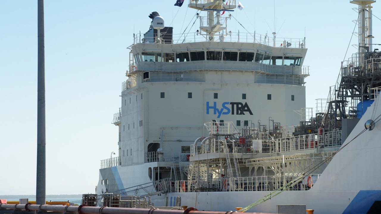 The Suiso Frontier liquid hydrogen carrier moored at the Port of Hastings, Victoria, last week. The first ever liquid hydrogen shipment promises a new era of fuel exports for a world that’s curbing emissions. Picture: Bloomberg