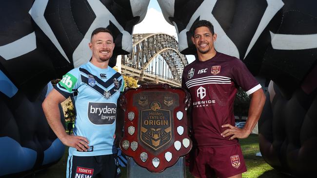 NSW's Damien Cook with QLD's Dane Gagai during the 2019 Holden State of Origin Series launch. Picture: Brett Costello