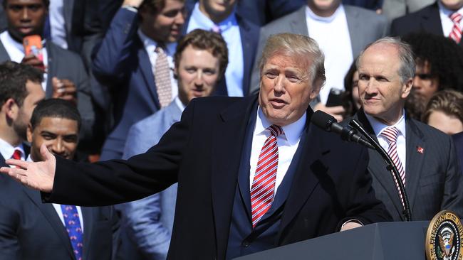 President Donald Trump speaks during an event to honor the 2017 NCAA football national champions, the Alabama Crimson Tide on the White House's South Lawn, in Washington, Tuesday, April 10, 2018. (AP Photo/Manuel Balce Ceneta)