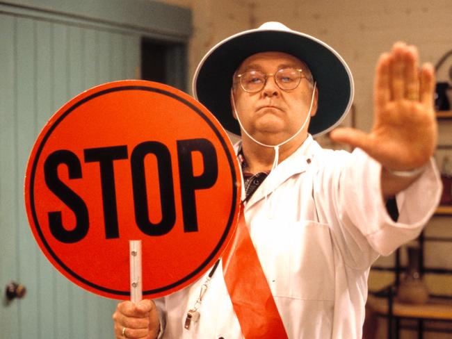 Ian Smith as Harold Bishop on Neighbours, training as a lollipop man. Picture: Supplied / Channel 10