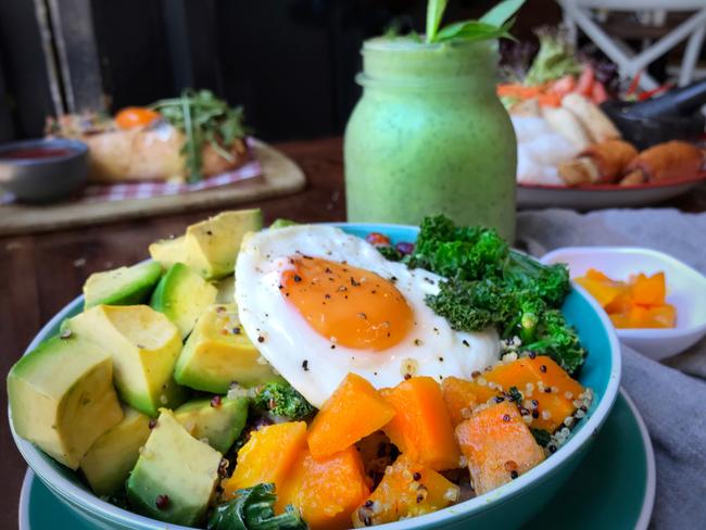 The breakfast bowl and green smoothie. Picture: Jenifer Jagielski