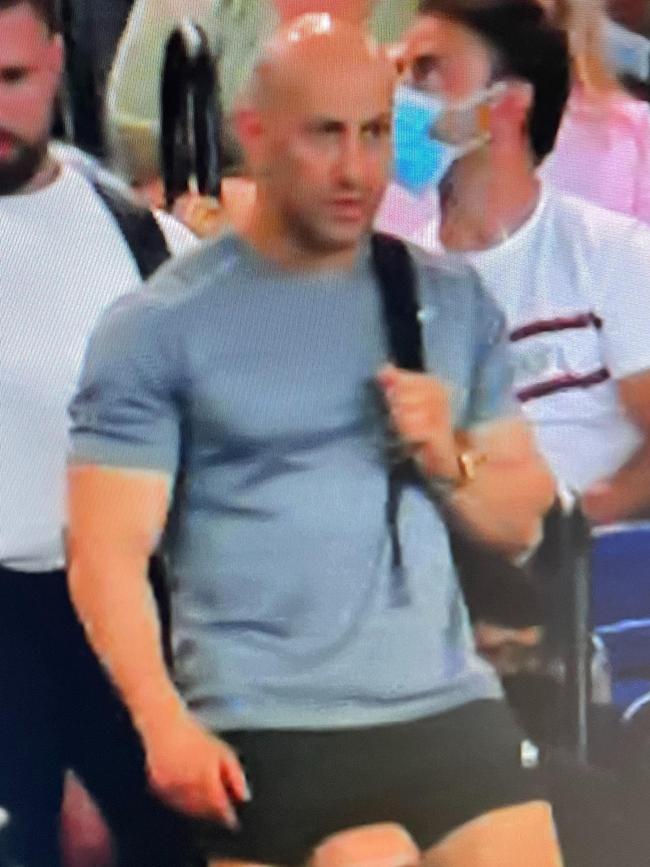 Comanchero bikie Tarek Zahed made a surprise appearance when he inadvertently caused a delay to the Australian Open men’s final. Picture: Supplied