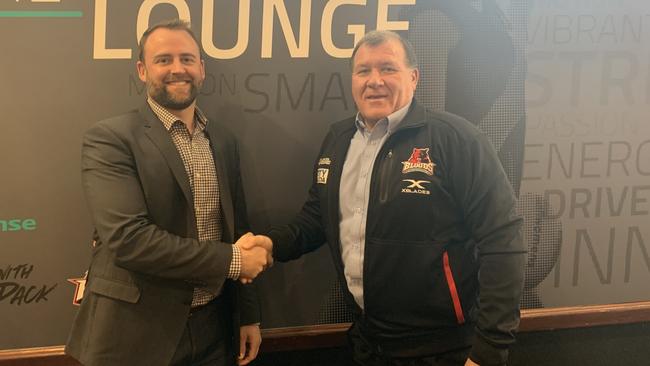 New West Adelaide SANFLW coach Mark Moody (right) with Bloods chief executive Ben Hopkins. Picture: Supplied, West Adelaide Football Club