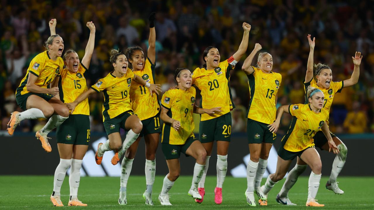 Matildas players celebrate winning the FIFA Women’s World Cup quarter-final match against France at Brisbane Stadium. Picture Lachie Millard