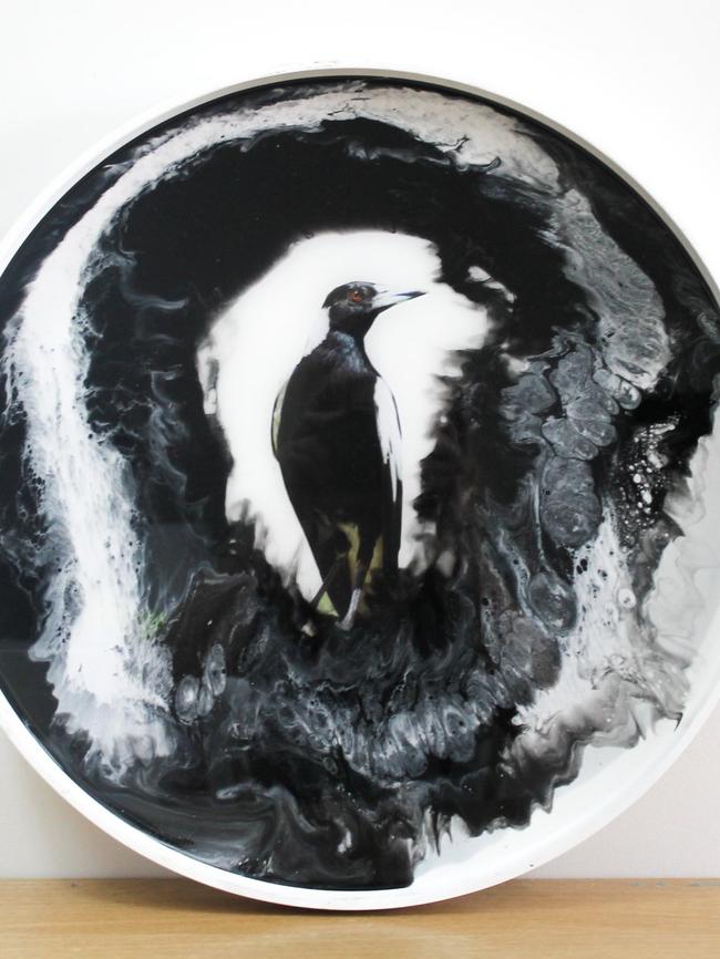 A side table featuring an image of a magpie created by Beams. Picture: Dayne Beams