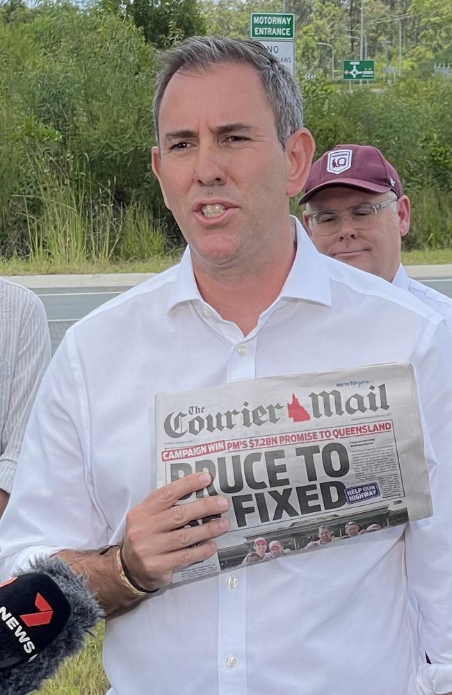 Federal Treasurer Jim Chalmers brandishes the day's Courier Mail with the headline "Bruce to be Fixed". The Courier Mail and its regional mastheads, including the Wide Bay’s Gympie Times, Fraser Coast Chronicle, and Bundaberg News Mail, campaigned continually for major safety upgrades to the highway.