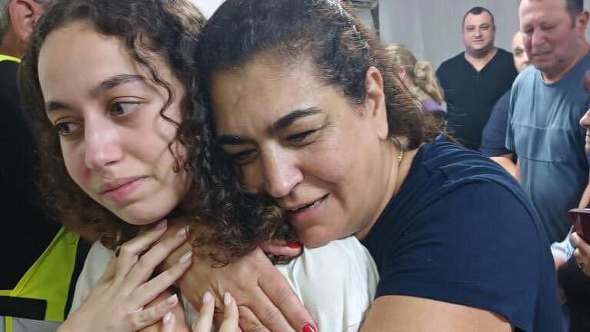 Private Ori Megidish, a soldier who was abducted by Hamas militants during the October 7 attack, is reunited with her family after being held hostage by Hamas. Picture: Supplied