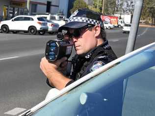 Senior Constable Matt Reichstein takes aim at speeding drivers. Picture: Nathan Greaves