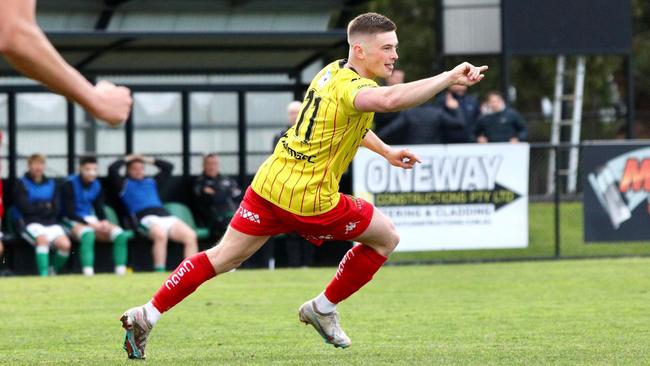 Josh Whiteley celebrates a goal for Caroline Springs George Cross. Picture: Matt Morden