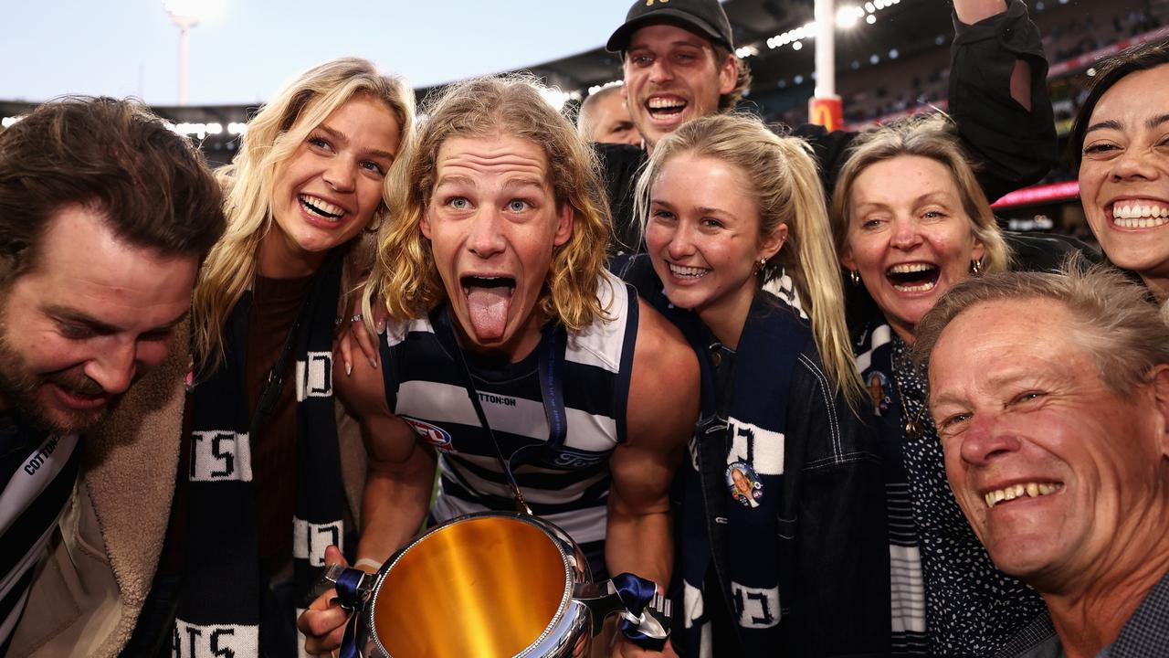 Sam De Koning celebrates with family and friends. Picture: Cameron Spencer