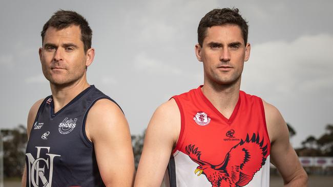 Flagstaff Hill co-captain David Kearsley (right) has been a star midfielder and defender for the Falcons this season. Picture: Brad Fleet