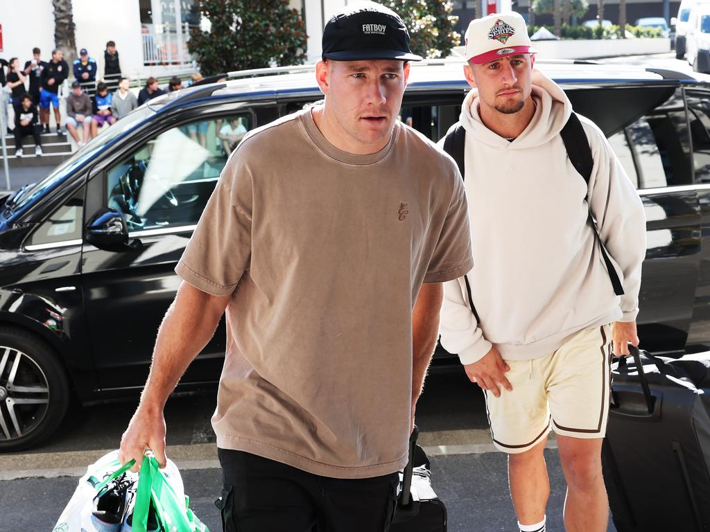 Matt Burton and Zac Lomax arriving at the Blues’ team hotel Picture: Rohan Kelly