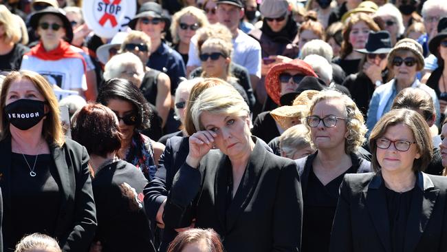 Tanya Plibersek wipes a tear as she joins the March 4 Justice rally outside Parliament House in Canberra yesterday. Picture: Getty Images