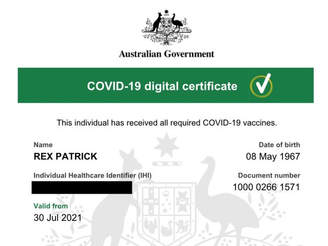 Senator Rex Patrick's redacted forged COVID certificate.