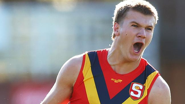 MELBOURNE, AUSTRALIA - JUNE 18: Tyler Welsh of South Australia celebrates kicking a goal during the 2023 AFL National Championships match between Vic Country and South Asutralia at Ikon Park on June 18, 2023 in Melbourne, Australia. (Photo by Graham Denholm/AFL Photos via Getty Images)