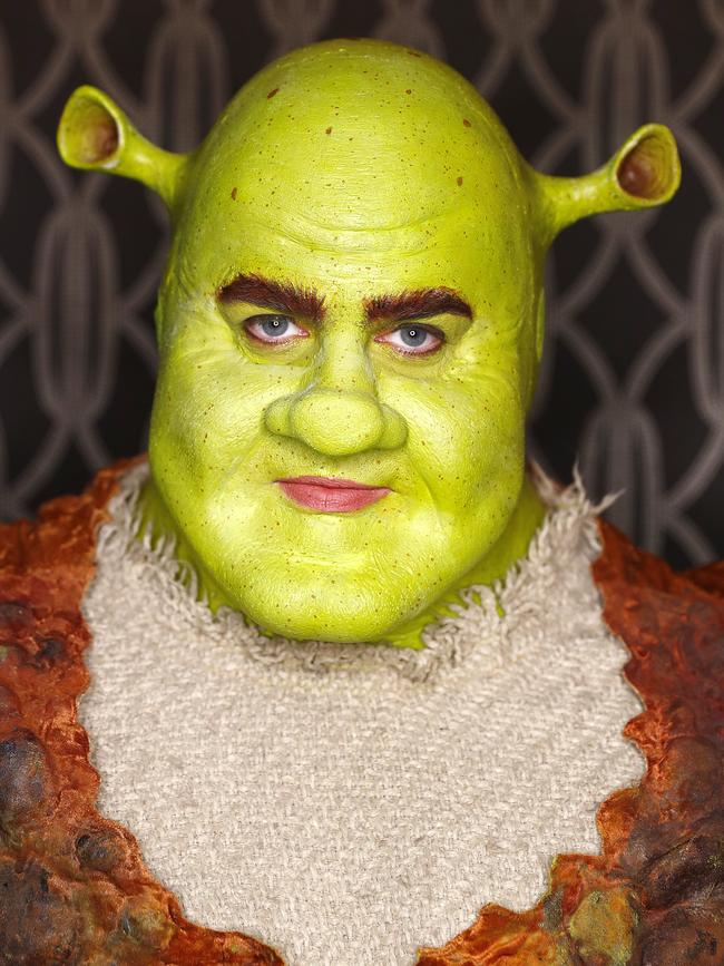 Mingay transforms into Shrek with make-up and prosthetics. Picture: Sam Ruttyn