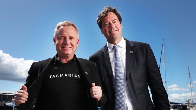 Tasmanian Premier Jeremy Rockliff with AFL CEO Gill McLachlan. AFL CEO Gill McLachlan in Hobart ahead of a decision for Tasmania's own AFL team. Picture: Nikki Davis-Jones