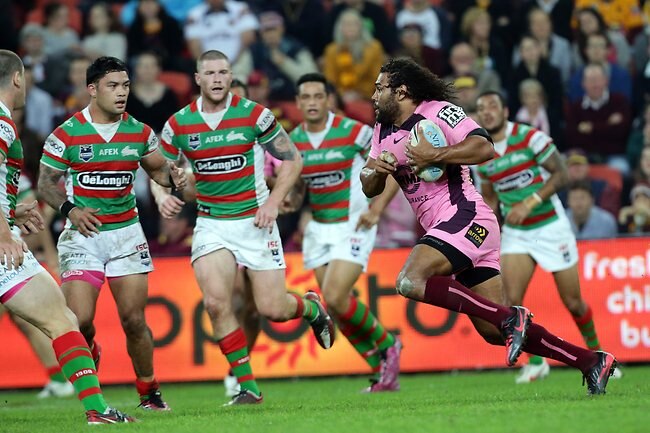 <p>NRL Rd 16 Brisbane Broncos v South Sydney Rabbitohs: Sam Thaiday charges the ball up. Picture: Adam Head</p>